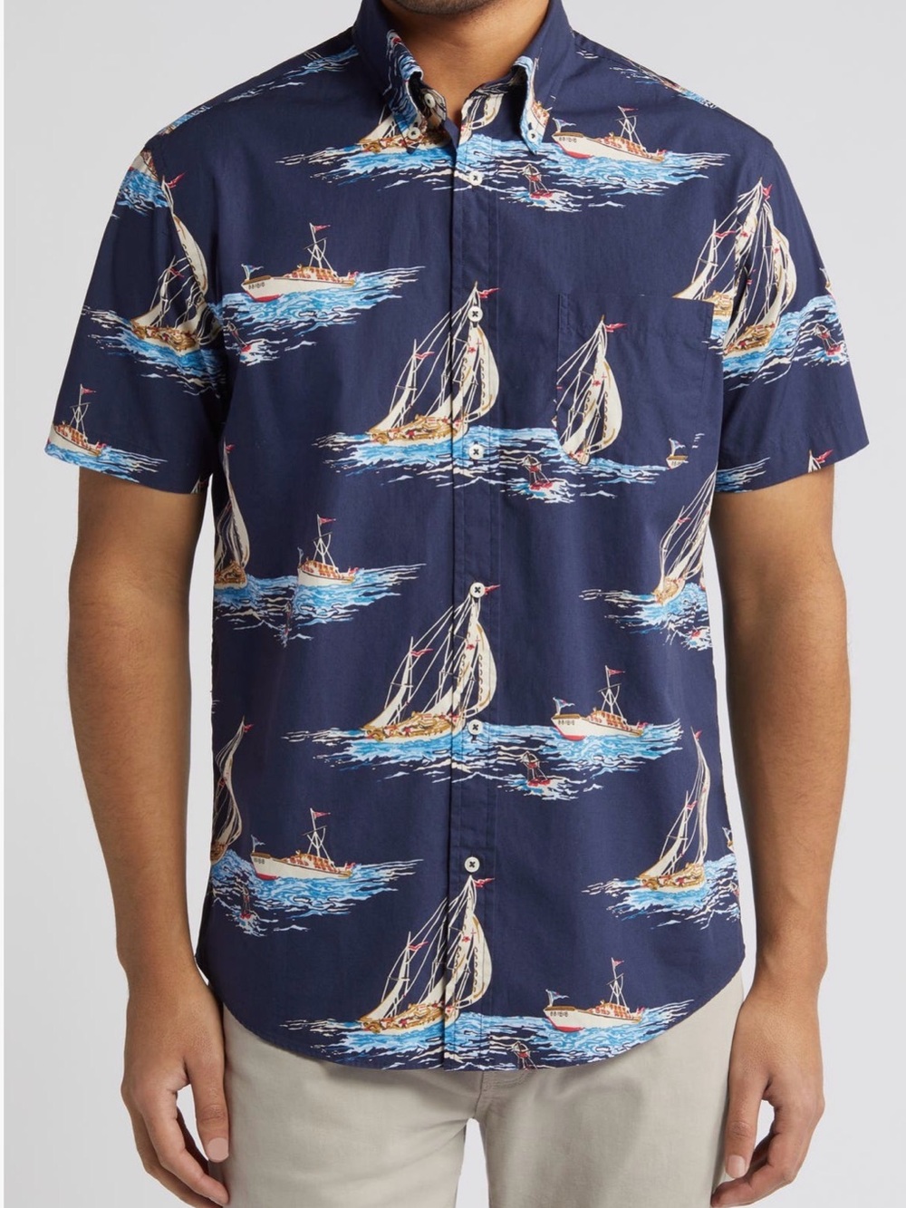 Brooks Brothers Shirt Mens M Blue Navy Sailboat Print Preppy Button up - Size M